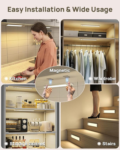 Under Cabinet Lighting with Remote, 12" Motion Sensor Light Indoor, Rechargeable LED Closet Light Wireless, 3 Color Temps & Dimmable, Magnetic Under Counter Lights for Kitchen, Stairs, Pantry, 3 Pack