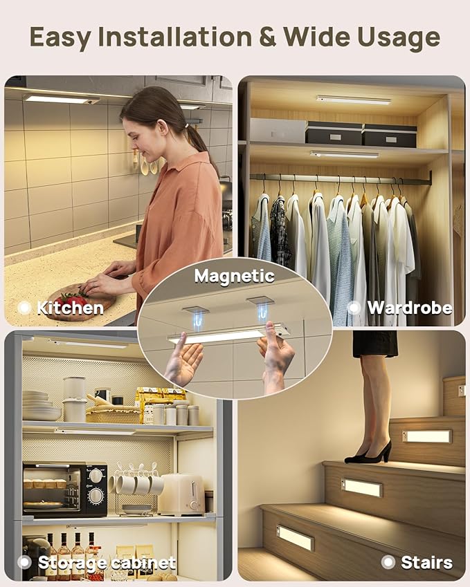 Under Cabinet Lighting with Remote, 12" Motion Sensor Light Indoor, Rechargeable LED Closet Light Wireless, 3 Color Temps & Dimmable, Magnetic Under Counter Lights for Kitchen, Stairs, Pantry, 5 Pack