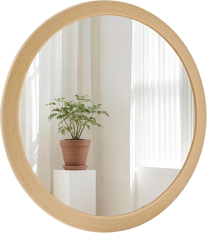 CULER Round Mirrors 24 Inch,Wood Vanity Wall Rustic Mirror, Natural Circle Tempered Glass Mirror for Bathroom Bedroom Living Room or Entryway