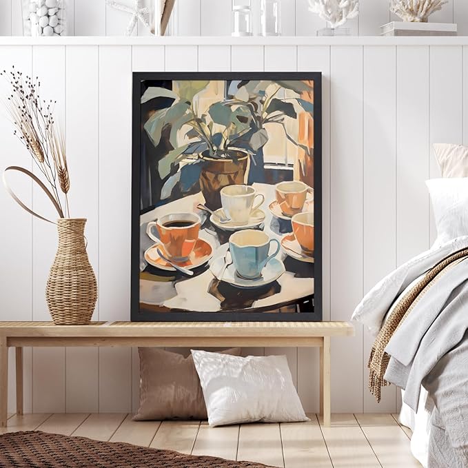GELDSTEI Wood Framed Coffee Wall Art, Vintage Cafe Aesthetic Picture, Cafe Bar Canvas Painting, Retro Coffee Poster Print, Modern Rustic Wall Decor for Kitchen Dining Room Ready to Hang 12x16 Inch