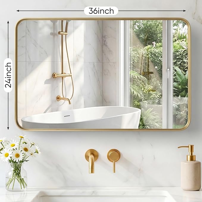 NEWBULIG 24X36 Inch Bathroom Mirror for Over Sink, Wall Vanity Mirrors Tempered Glass, Anti-Rust Metal Framed Rounded Rectangle, Hangs Horizontally or Vertically, Farmhouse Home Decor, Gold