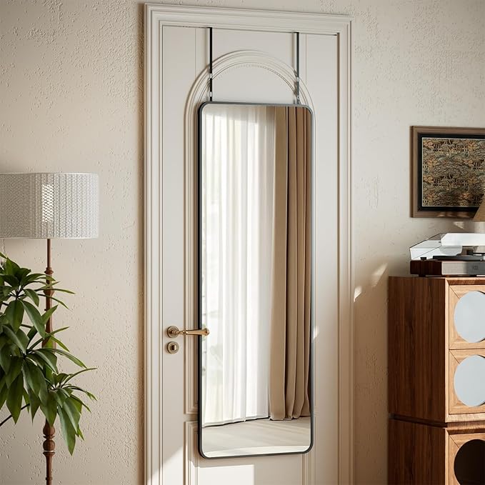 VooBang 14"x48" Full Length Over The Door Mirror - Aluminum Alloy Frame Full Body Mirror with Height-Adjustable Hangers, Hanging Leaning Against Wall for Dorm, Black