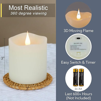 TECHLONG Flameless Candles Battery Operated with Timer, 3D Moving Flame Flickering, Last 600+ Hours Battery Candles, 3" x 3" Ivory Real Wax Electric LED Candle for Wedding Party Decorations