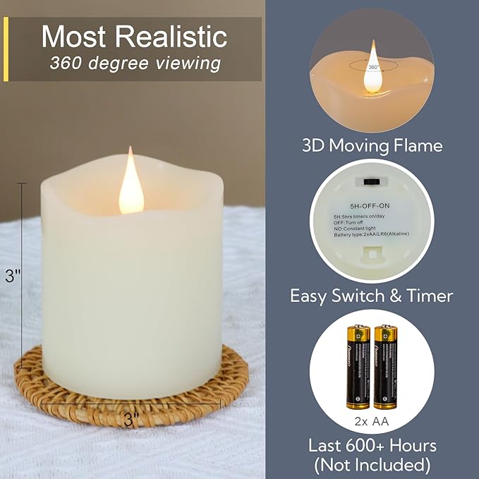 TECHLONG Flameless Candles Battery Operated with Remote Timer, 3D Moving Flame Flickering, Last 600+ Hours Battery Candles, 3" x 3" Ivory Real Wax Electric LED Candle for Wedding Party, Set of 2
