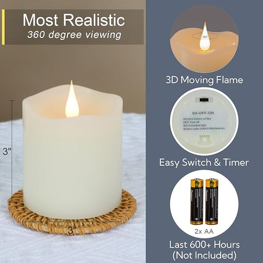 TECHLONG Flameless Candles Battery Operated with Remote Timer, 3D Moving Flame Flickering, Last 600+ Hours Battery Candles, 3" x 3" Ivory Real Wax Electric LED Candle for Wedding Party, Set of 2