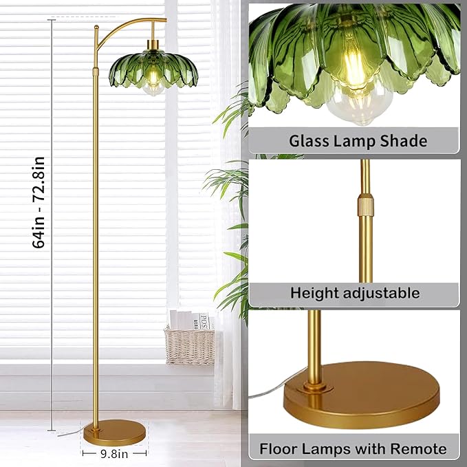 AHDWDW Gold Floor Lamp for Living Room Bedroom with Remote,Unique Vintage Standing Tall Lamp,Mid Century Modern Floor Lamps with Dimmable Bulb,Arc Green Glass Floor Lamps for Office Corner