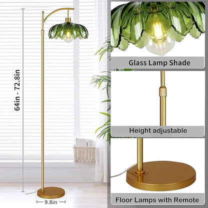 AHDWDW Gold Floor Lamp for Living Room Bedroom with Remote,Unique Vintage Standing Tall Lamp,Mid Century Modern Floor Lamps with Dimmable Bulb,Arc Green Glass Floor Lamps for Office Corner