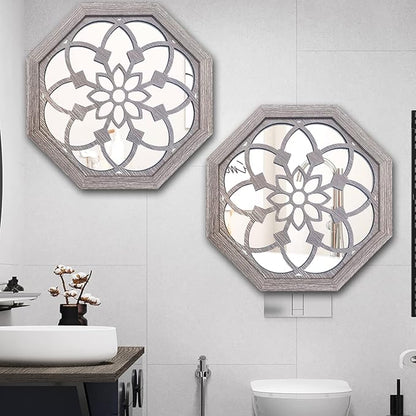 ZOLAPI 2 PCS 20 inch Octagon Wall-Mounted Mirrors,Vintage Farmhouse Mirror for Wall Decor,Barn Wood Color Decorative Accent Mirror for Foyer, Bathroom, Bedroom. (20”x20”)