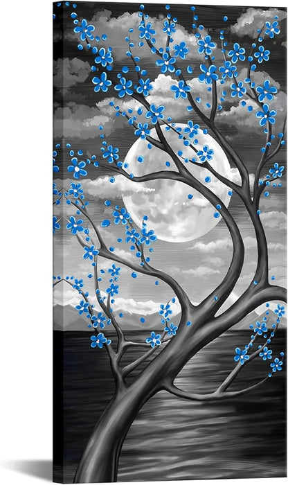 KREATIVE ARTS Blue Flower Tree Wall Art for Bedroom Cherry Blossom Tree in Full Moon Night Landscape Canvas Prints Artwork for Home Wall Decoration Ready to Hang Vertical 20x40inch (Blue)