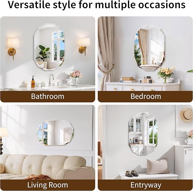 GLASHOM Frameless Bathroom Mirror, 16" x 24" Beveled Oval Wall Mirror for Over Sink, 16 Inch Modern Decorative Vanity Mirror for Bedroom, Living Room, Entryway, Hanging Mirror Horizontal or Vertical