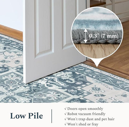 Rugflix 9x12 Area Rug for Living Room, Machine Washable Area Rugs with Non-Slip Backing, Large Soft Boho Vintage Rug for Bedroom, Dining Room, Low Pile Carpet, Kids Pet Friendly, Blue