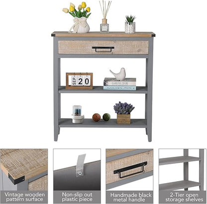 RUSTOWN Farmhouse Console Table with Drawer, 3-Tier Rustic Entryway Table with Open Storage Shelves and Handmade Metal Handle, Narrow Foyer Sofa Table for Living Room, Entryway, Hallway (Grey)