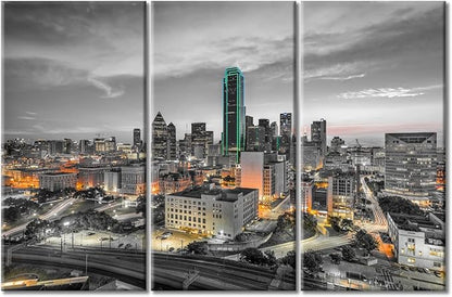 TUMOVO American Cityscape Wall Decor Posters and Prints 3 Panels Dallas Nighttime Lightscape Pictures Wall Decor for Bedroom City Skyline Art Prints Framed Ready to Hang (42" Wx28 H)