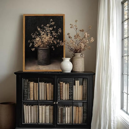 Framed Vintage Floral Wall Art, Rustic Dark Moody Flower Paintings Wall Decor, Retro Farmhouse Botanical Pictures Canvas Prints Neutral Aesthetic Home Decor for Living Room Bedroom 16x24inch