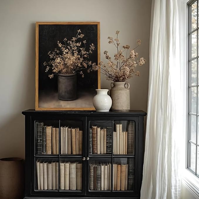 Framed Vintage Floral Wall Art, Rustic Dark Moody Flower Paintings Wall Decor, Retro Farmhouse Botanical Pictures Canvas Prints Neutral Aesthetic Home Decor for Living Room Bedroom 12x16 inch