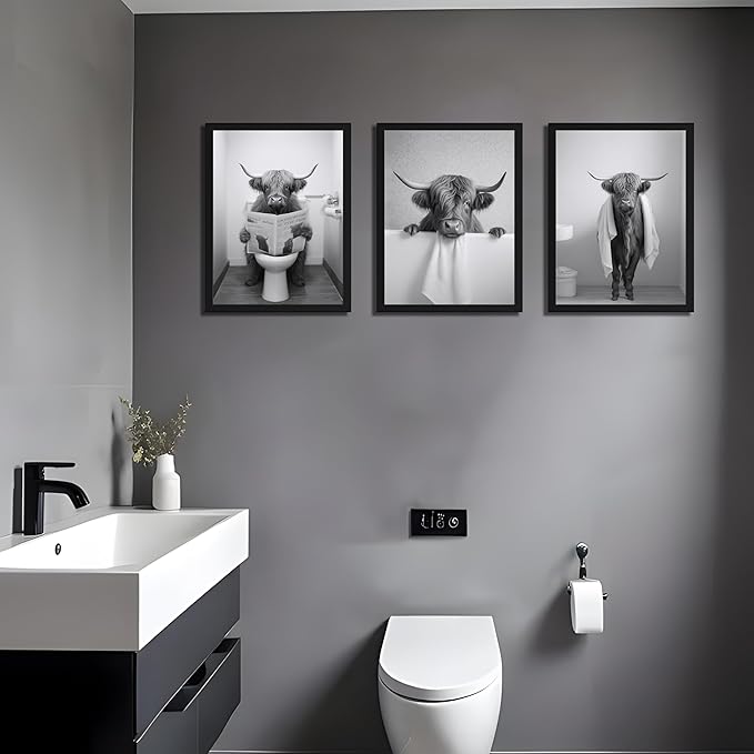 Black Wood Framed Funny Bathroom Highland Cow Wall Art, Black and White Cute Cow Animal Canvas Wall Decor Paintings Set of 3, Vintage Rustic Farmhouse Posters Prints for Bathroom Restroom 12x16 Inch