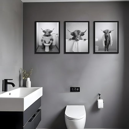 Black Wood Framed Funny Bathroom Highland Cow Wall Art, Black and White Cute Cow Animal Canvas Wall Decor Paintings Set of 3, Vintage Rustic Farmhouse Posters Prints for Bathroom Restroom 12x16 Inch