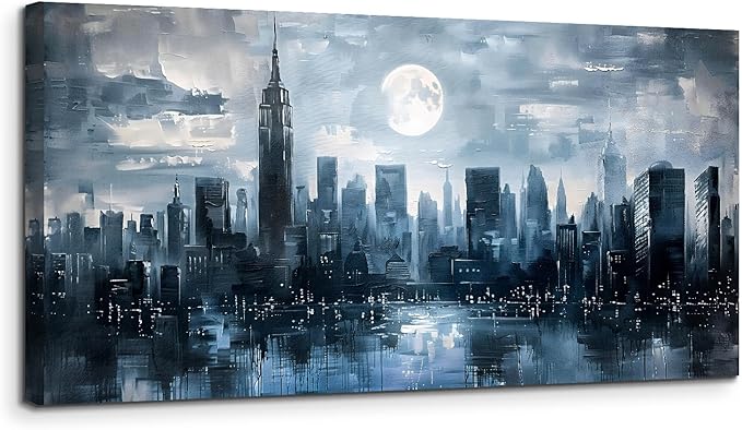 SERIMINO New York Skyline Wall Art Prints, City Night Landscape Large Canvas Painting, Abstract Urban Architecture Aesthetic Wall Pictures for Living Room Bedroom, Modern Office Decorations 29X57 Inch