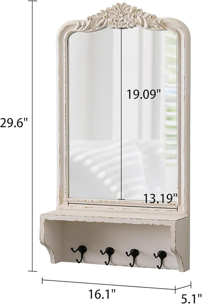 Vintage Mirror with Shelf and 4 Hooks 30 X 16 Inch, Hanging Distressed White Wood Framed Rustic Wall Mirror Decorative with Storage for Entryway Bathroom Living Room Bedroom