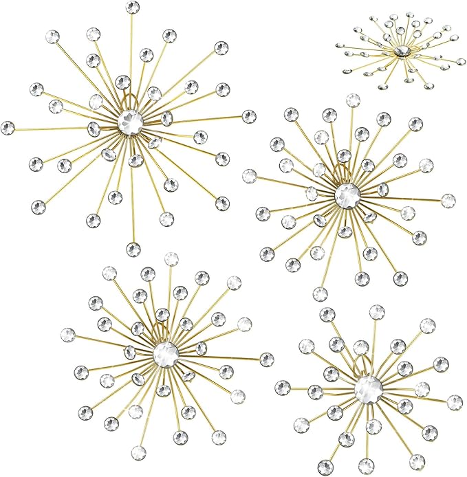 Funnymoom 4 Pcs Gold Starburst Wall Decor Metal Bling Wall Art Gold Crystal Sparkling Rhinestones Bling Decorative Hanging Diamond for Living Room Bedroom Home Office