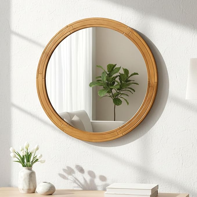 ZIYOO 30 Inch Round Wood Wall Mirror, Farmhouse Rustic Circle Mirror, Wall Mounted Decorative Mirror for Bathroom Vanity, Living Room, Entryway, Bedroom, Vanity, Hallway