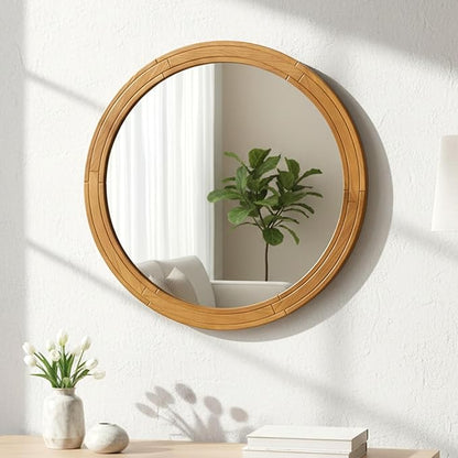 ZIYOO 30 Inch Round Wood Wall Mirror, Farmhouse Rustic Circle Mirror, Wall Mounted Decorative Mirror for Bathroom Vanity, Living Room, Entryway, Bedroom, Vanity, Hallway