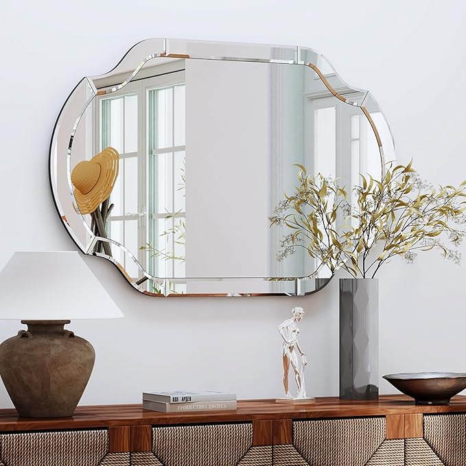 47" x 32" Large Wall Mirrors for Living Room, Modern Elegant Decorative Mirror with Beveled Glass Scalloped Corner, Horizontal or Vertical Hanging for Bathroom, Entryway, Dining Room
