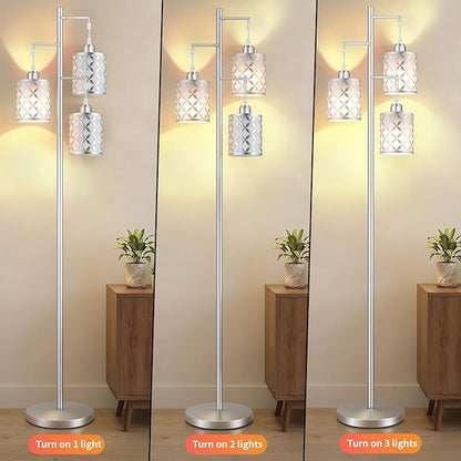 Dimmable Floor Lamp, Farmhouse Standing Lamp with Elegant Metal Cage, Industrial Tall Tree Floor Lamps for Living Room, Bedroom, Study Room, Office, 3 x 800LM LED Bulbs Included, 72",Silver