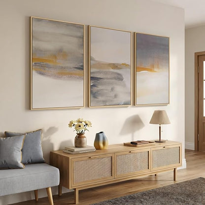 Framed Large Neutral Abstract Wall Art, Set of 3 Canvas Modern Prints Paintings, Minimalist Landscape Beige Gray Picture Artwork Decor for Living Room Bedroom Office 24x36 Inch