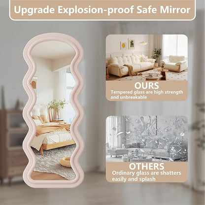 Wavy Full Length Mirror, 71"x32" Flannel Mirrors Full Length with Stand, Full Boby Mirrors for Bedroom, Living Room, Cloakroom, Hanging Leaning Wall Mirror, Pink