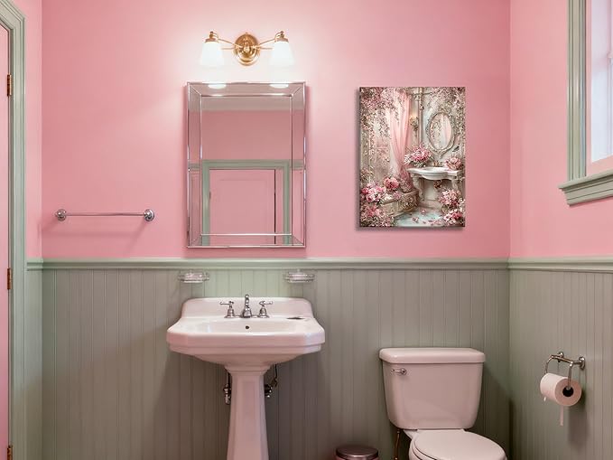 Frimeeme Framed Romantic Vintage Pink Bathroom Canvas Wall Art, Pink Sink Posters Prints Paintin, for Washroom Artwork Home Decoration Ready To Hang, 12 x 16 Inch,Framed