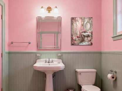 Frimeeme Framed Romantic Vintage Pink Bathroom Canvas Wall Art, Pink Sink Posters Prints Paintin, for Washroom Artwork Home Decoration Ready To Hang, 12 x 16 Inch,Framed