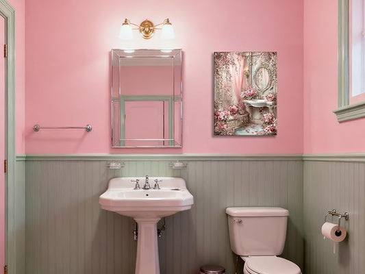 Frimeeme Framed Romantic Vintage Pink Bathroom Canvas Wall Art, Pink Sink Posters Prints Paintin, for Washroom Artwork Home Decoration Ready To Hang, 12 x 16 Inch,Framed