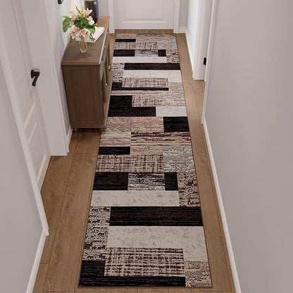 FlyDOIT Modern Geometric Patchwork Area Rug, 2.7x8 Chocolate Runner Rugs for Living Room, Rockwood Collection Indoor Rugs for Bedroom, Throw Carpet Floor Decor for Entryway Dining Room Office Nursery
