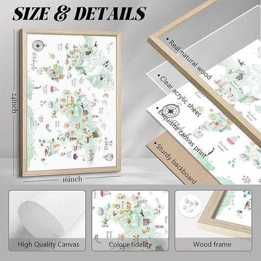 Joocrise Green Kids World Map Wall Art Animal Map Canvas Art Nursery Wall Decor World Map Poster Childrens Room Decor Playroom Prints Educational Artwork 16x24 Inch Wood Frame