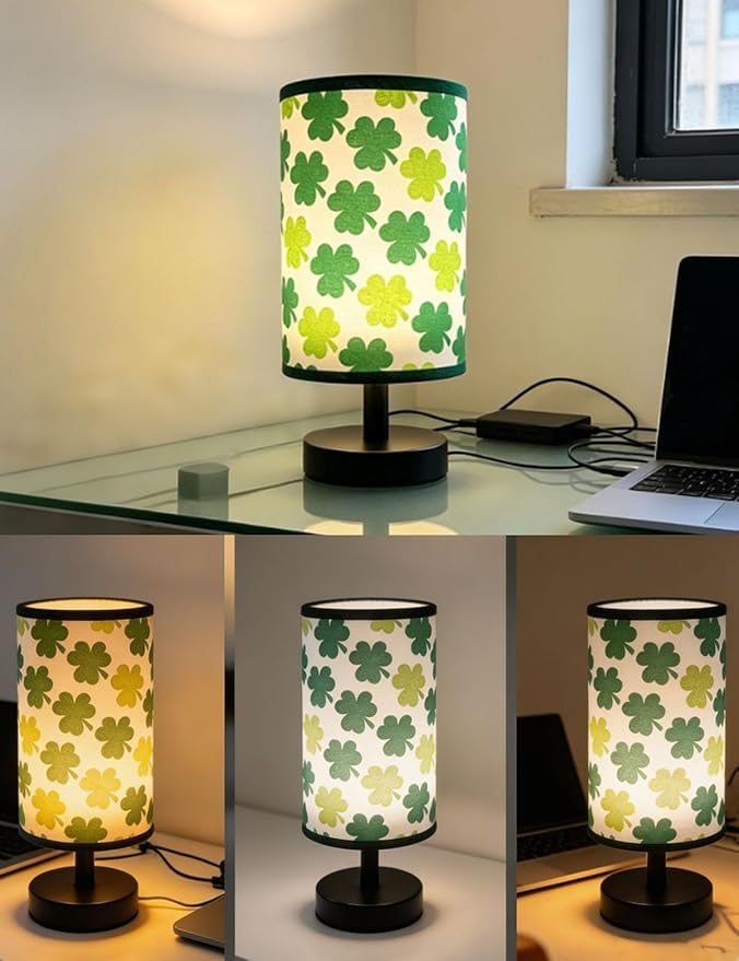 Green Desk Lamp, Clover Bedroom Lamp 3-Color Small Linen Desk Lamp, 10 x 5.12 Inch with Integrated LED, Girls Bedroom Table Lamp - Lucky Shamrocks Gifts for Kids - Decor for Window Room Bedroom
