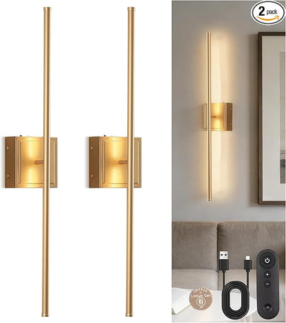 DORESshop Battery Operated Wall Sconces Set of 2, Dimmable Battery Wall Sconce with Remote Control, Gold 350°Rotate Rechargeable Sconces, 28.1 Inch Wireless Wall Lights for Bedroom, Living Room
