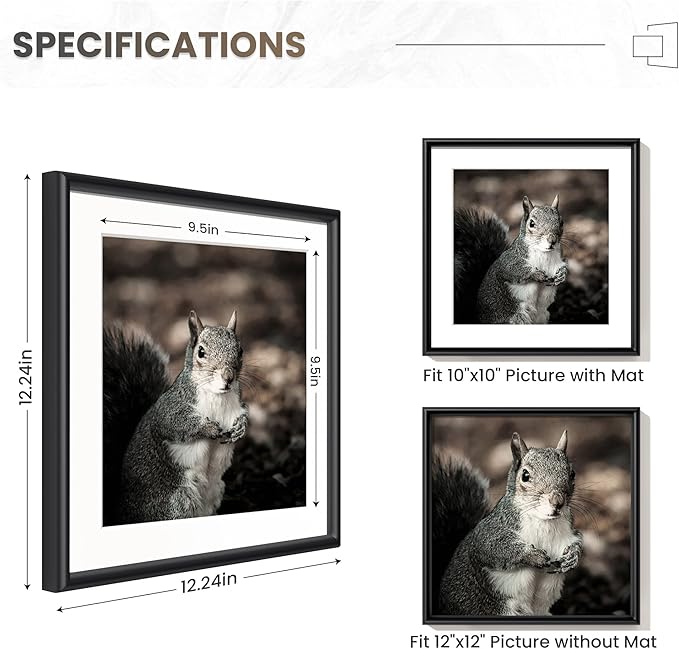 Black Metal Picture Frame 12x12, Square 12 x 12 Picture Frames Set of 3, 12 by 12 Photo Frame Aluminum with Real Glass, Matted to 10x10, Black Wall Gallery Picture Frame 12x12 for Home Decor
