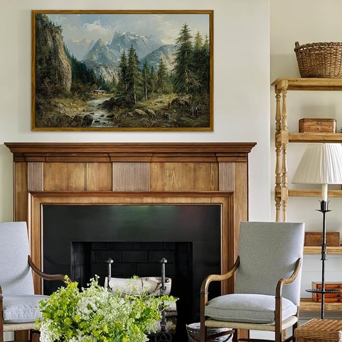 crmotu Landscape Framed Wall Art, Mountain Forest Canvas Art Prints, Pine Tree Vintage Oil Paintings, Riverside Rustic Farmhouse Decor Large Artwork, Wall Pictures for Living Room Bedroom 24x36in
