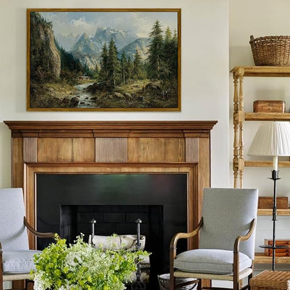 crmotu Landscape Framed Wall Art, Mountain Forest Canvas Art Prints, Pine Tree Vintage Oil Paintings, Riverside Rustic Farmhouse Decor Large Artwork, Wall Pictures for Living Room Bedroom 24x36in