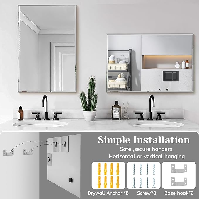 1 PCS 16”x 24”Beveled Polished Edge Frameless Bathroom Mirror Rectangle Wall Mount Vanity Mirror for Bathroom,Bedroom,Entryway,Over Sink,Living Room (16×14-1PCS)