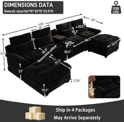 134"U Shaped Sectional Couches for Living Room, Oversized Modular Sectional Fluffy Couch with 2 Ottoman & Storage Console,Modern 6 Seat Living Room Sofa with Glitter Fabric,Tufted Buttons, Black