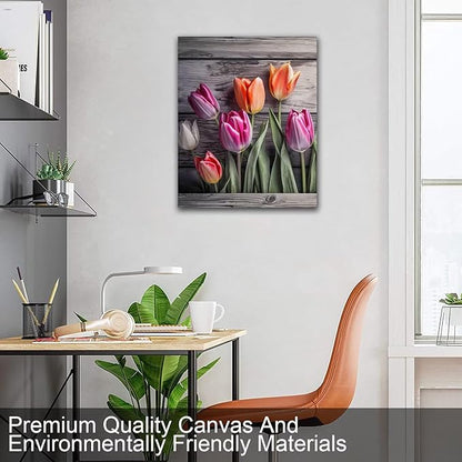 Wall HDQ Tulip Canvas Wall Art, Flower Gray Wall Decor for Bedroom Living Room Bathroom Decorations Orange Purple Floral Picture Colorful Modern Artwork Print Painting Wooden Frame - 18 x 24 Inch