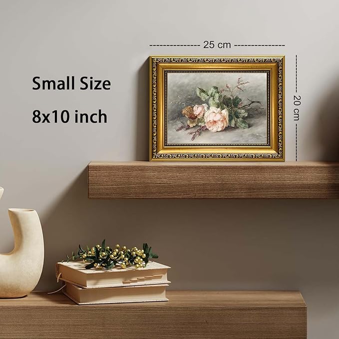 YD&YZY Gold Framed Vintage Wall Art Canvas Still Life Flower Pink Roses Farmhouse Print Art Retro Floral Wall Decor Rustic Cottagecor Painting Picture Print for Dining Room Bedroom 8x10 inch Small Framed