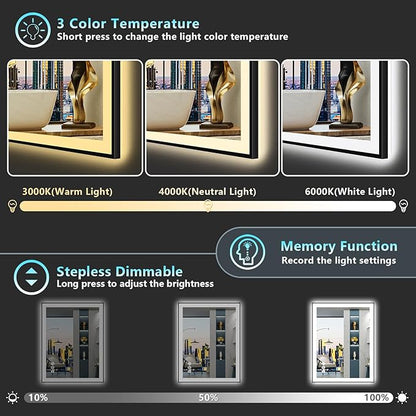 28x36 Black Framed LED Bathroom Mirror with Lights, Backlit and Front Lit Anti-Fog Lighted Vanity Mirrors for Bathroom Wall, Dimmable, 3 Colors, Memory, HD Tempered Glass, Horizontal/Vertical