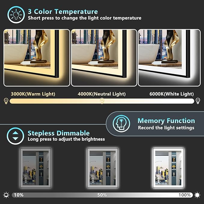 36x36 Black Framed LED Bathroom Mirror with Lights, Backlit and Front Lit Anti-Fog Lighted Vanity Mirrors for Bathroom Wall, Dimmable, 3 Colors, Memory, HD Tempered Glass, Horizontal/Vertical