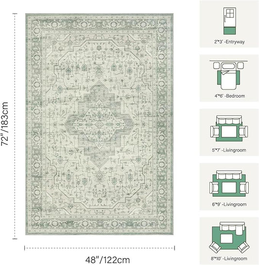Rugxara Washable Area Rug for Living Room, Vintage Boho Rugs for Office, Dining Room, Kids Room, Farmhouse, Durable Low Pile Non Slip Carpet for High Traffic Areas, Sage Green(4x6 ft)