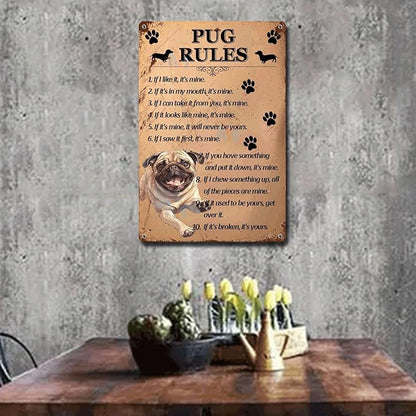 Metal Sign Tin Sign Vintage Wall Art Pug Rules Bar Signs for Home Decor for Room 12×16 Inches