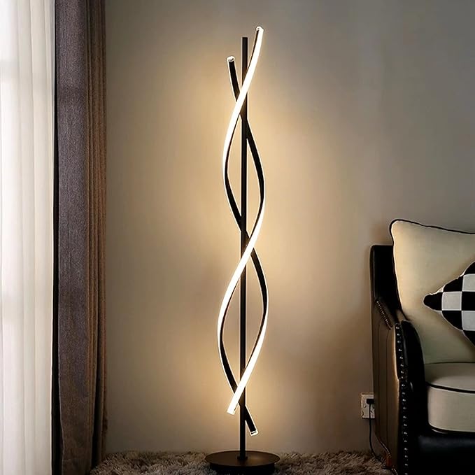 Modern Spiral Floor Lamp for Living Room, 30W Dimmable Led Corner Floor Lamp with Remote Control, 53 Inch Black Floor Lamps 3 Color Tall Corner Reading Lamp Standing Floor Lamps for Bedroom