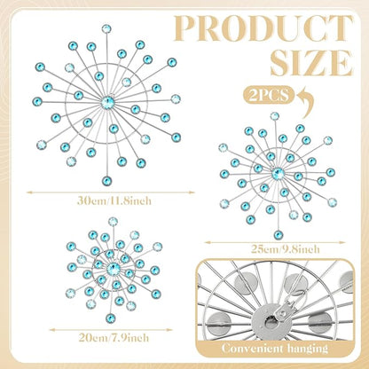 Blulu 4 Pcs Metal Wall Decor Bling Crystal Wall Art Cast Iron Rhinestones Sunburst Decor Starburst Art Hanging Diamond Accents Home Decorative for Living Room Bedroom Entryway (Blue)